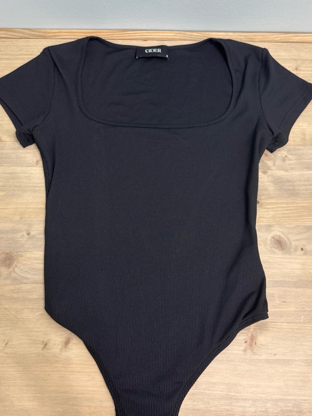 Cider Black Ribbed Square-Neck Short Sleeve Bodysuit